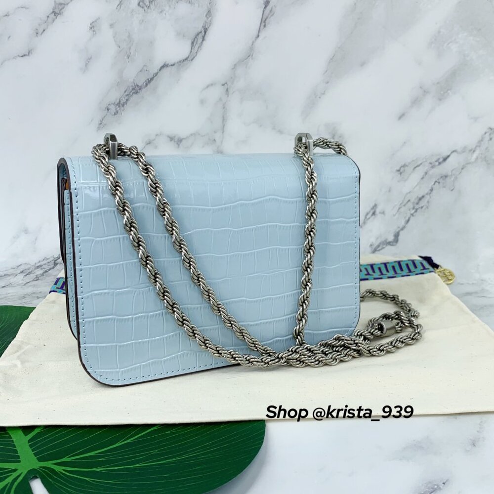 TORY BURCH ELEANOR SMALL Convertible Bag croc-embossed Blue Mist Leather - Picture 3 of 10